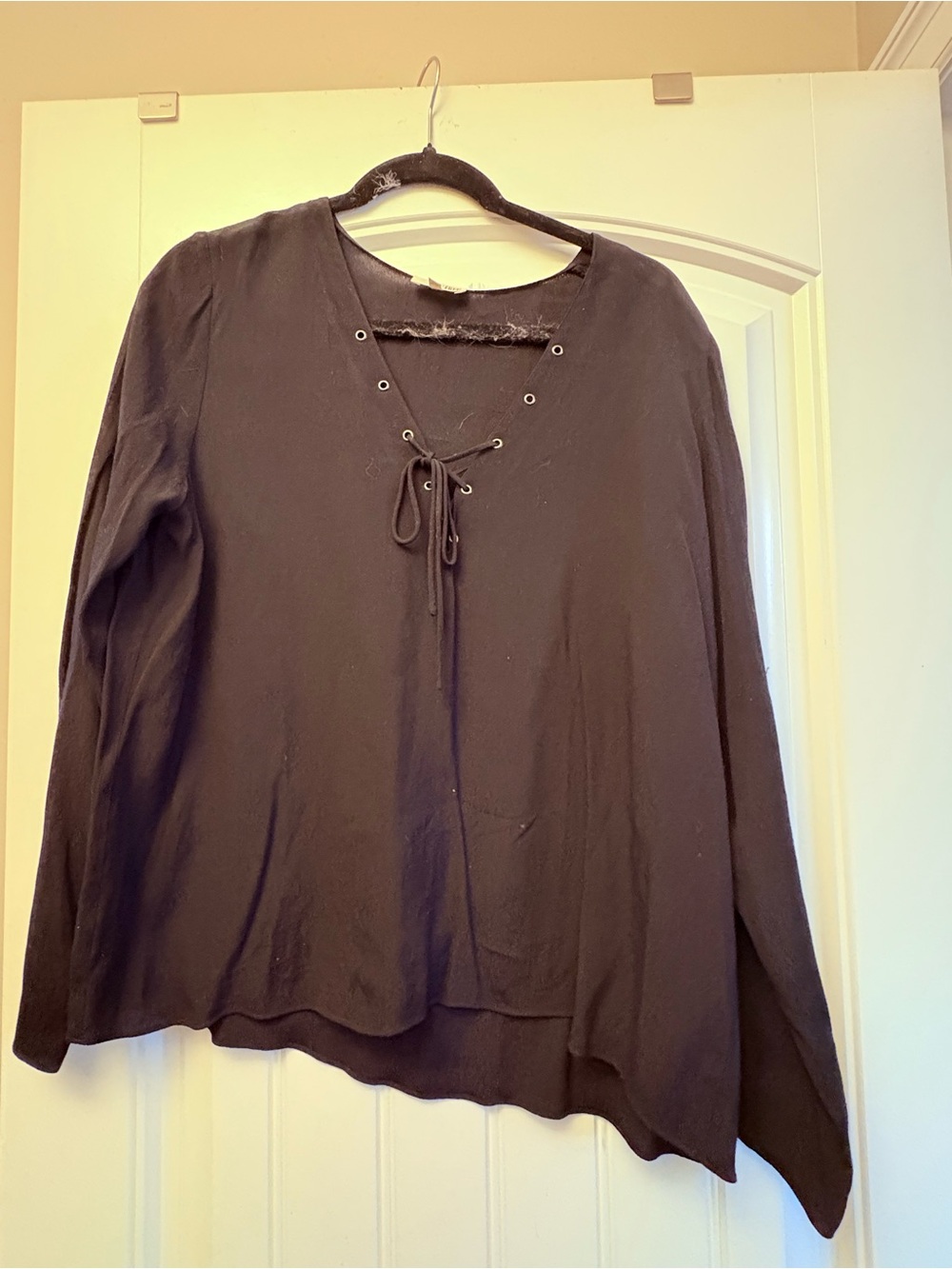 Aritzia Black Lace-Up V-Neck Long Sleeve Blouse
